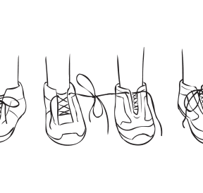 Two pairs of shoes with laces of two shoes tied together, as featured in fun partner get-to-know-you game called Tiny Teach