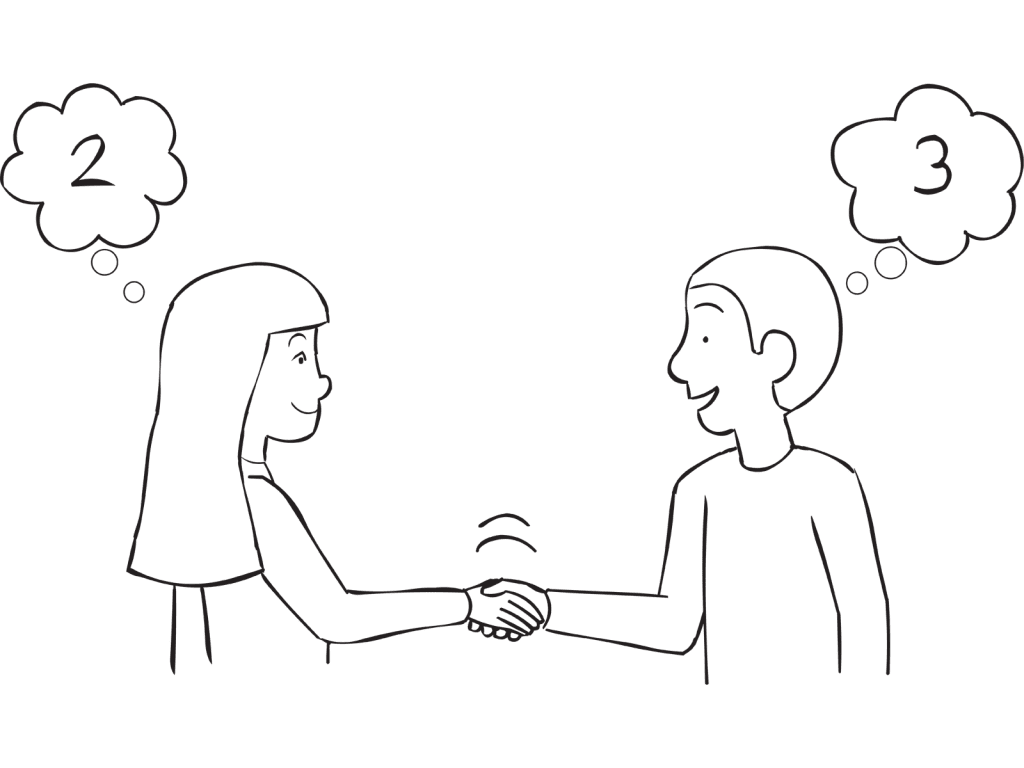 Two people shaking hands thinking of different number, as seen in Physic Handshake ice-breaker and random group-splitting exercise