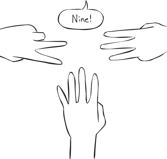 Three hands with outstretched fingers as featured in small group mathematics energiser called 1-2-3-4