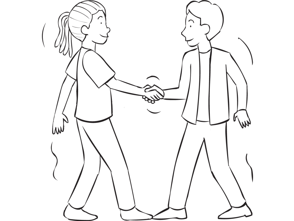 Two people facing one another holding hands playing a quick game of Toe to Toe
