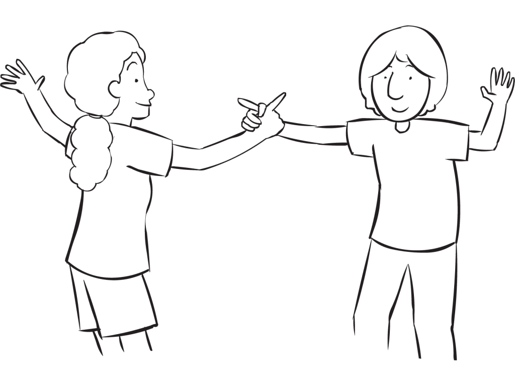 Two people holding hands playing a quick energiser game called Finger Fencing