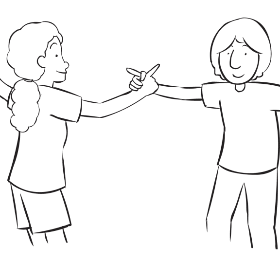 Two people holding hands playing a quick energiser game called Finger Fencing