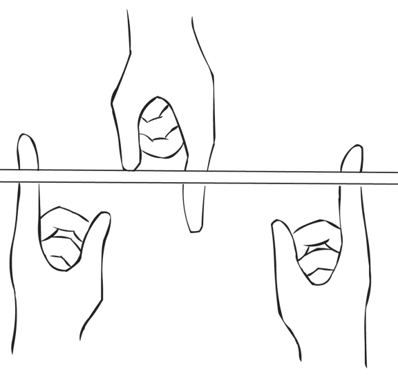 Three hands and fingers underneath a straight stick as seen in challenging group initiative called Helium Stick