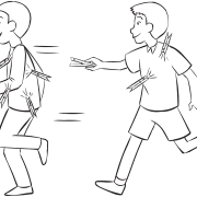 Two men running around in tag and PE game called Clothes-Peg Tag