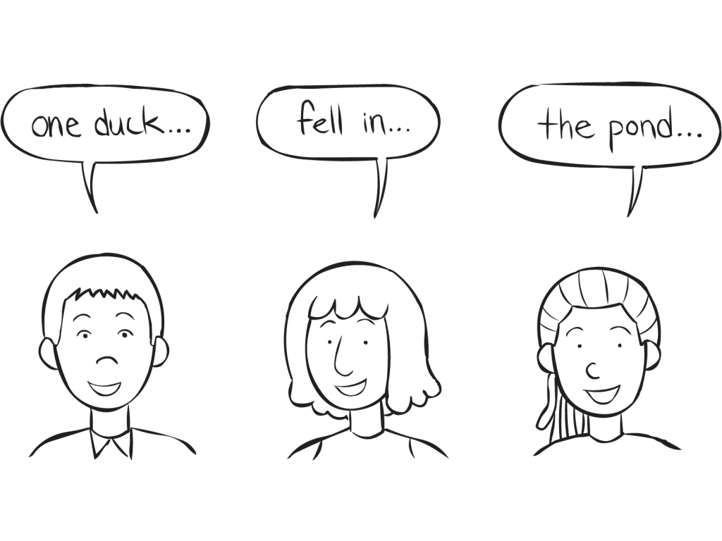 Three people saying the words One Duck, Fell In, The Pond as part of fun circle game
