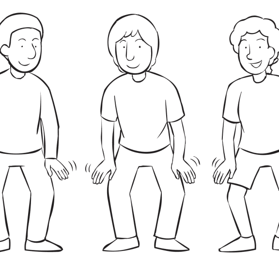 Three people using hands to tap their knees as part of large group exercise called Coming & Going of the Rain