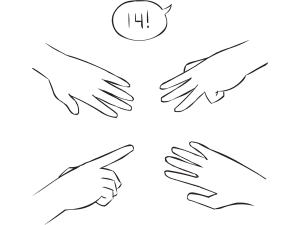 Four hands with outstretched fingers involved in fun small group mathematical exercise called Your Add as also featured in Around The World