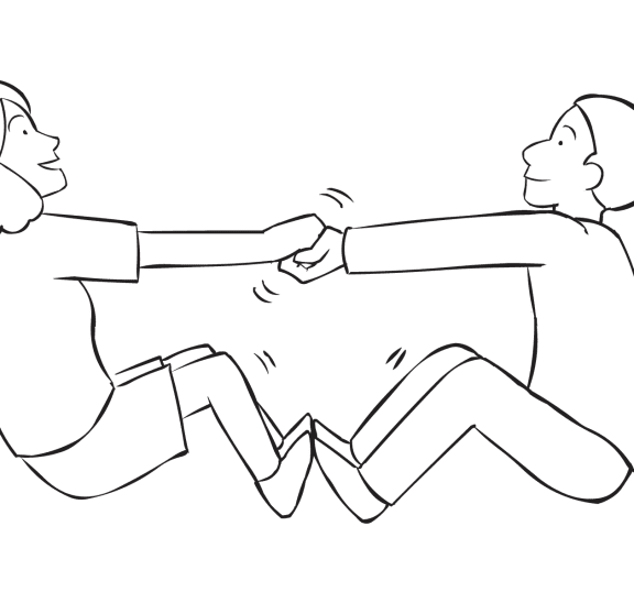 Two people holding hands trying to pull themselves off the ground in team-building exercise called Everybody Up