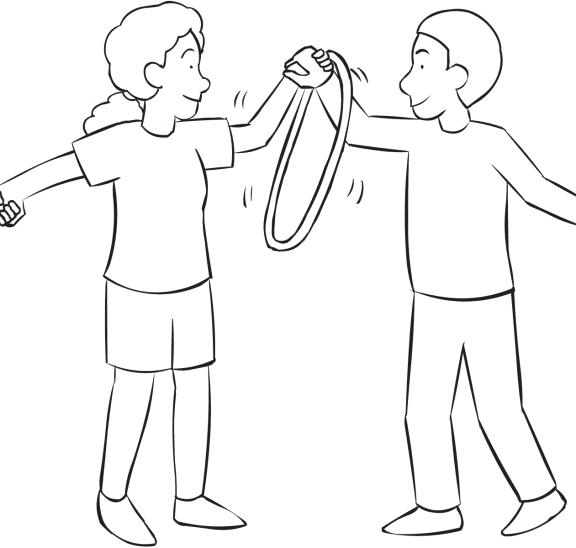 Two people holding hands and passing a hula hoop as seen in fun group initiative called Circle The Circle