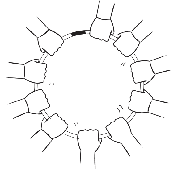 Overhead view of group of hands holding onto a hula hoop, as seen in Hula Hoop Debrief