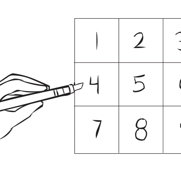 Large square with nine boxes with number 1 to 9 marked inside them, as used in Magic Nine Numbers team puzzle