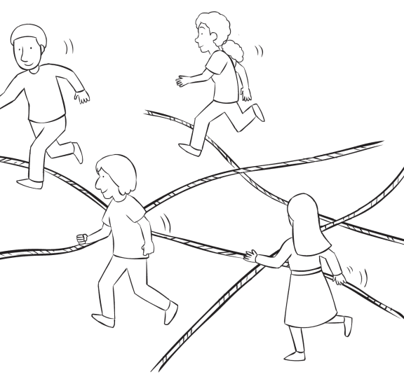 Group of people traversing an area of ropes laying on the ground, in team-building group initiative called Watch Your Step