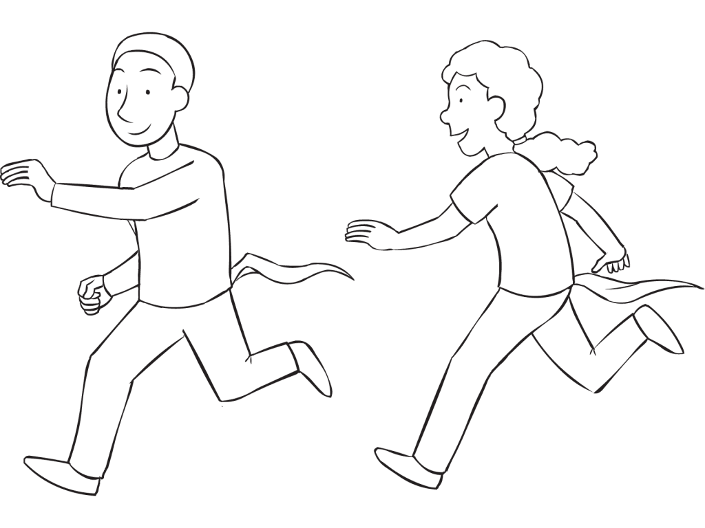Woman chasing man trying to grab his fabric tail, as seen in fun tag and PE game called Tail Tag