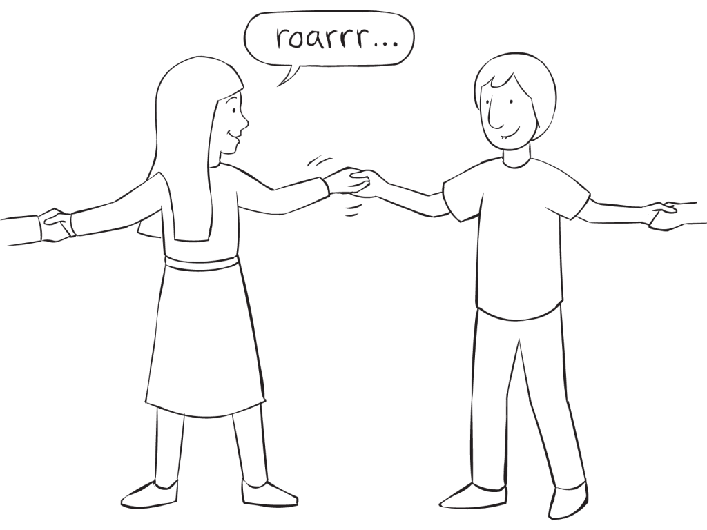 Two people holding hands playing fun circle game called Dinosaur Game