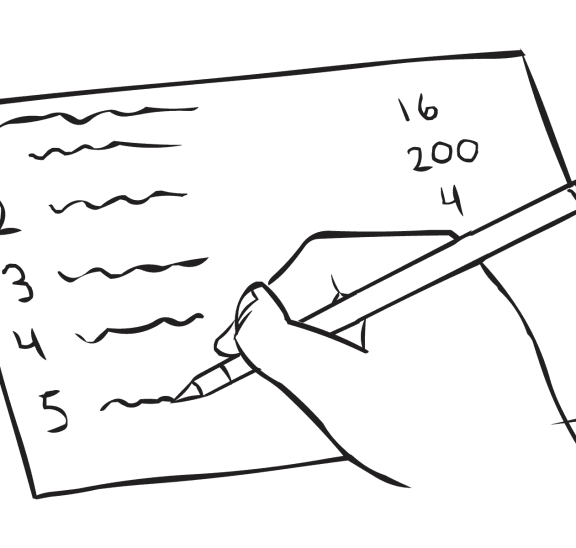 Hand marking a sheet of paper with series of questions, as played in small group get-to-know-you exercise called Nonsense Numbers