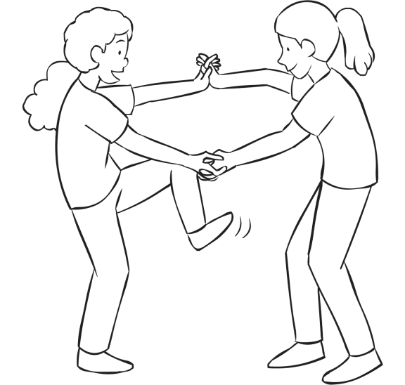 Two women holding hands and attempting to step inside their arms as part of fun energiser Wring-Out Stretch