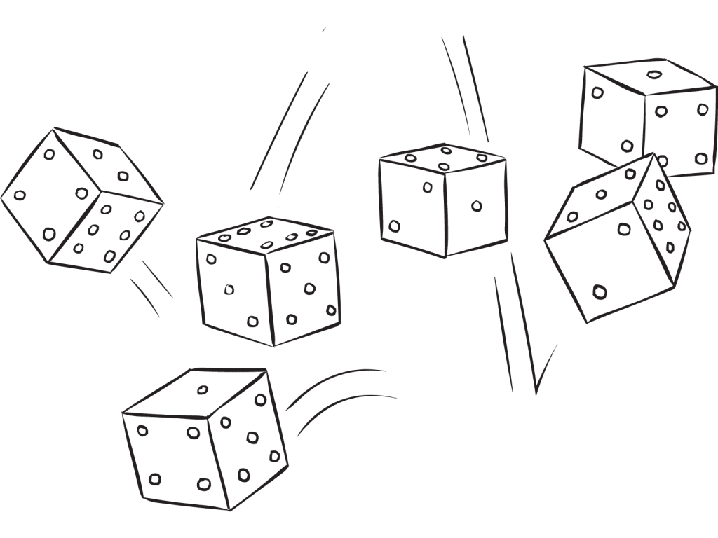 Six dice being rolled as part of the Farkel dice game