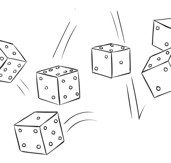 Six dice being rolled as part of the Farkel dice game