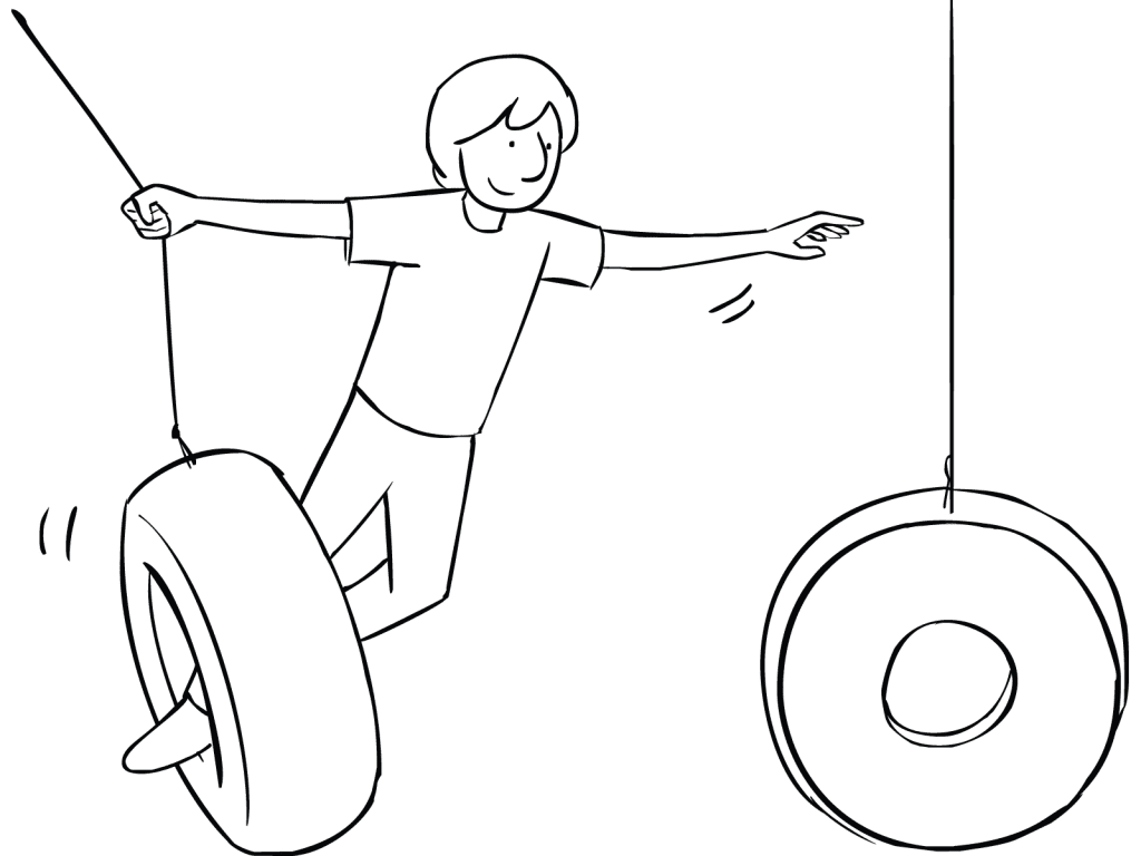 Illustration of man playing on Swinging Tyres challenge course element