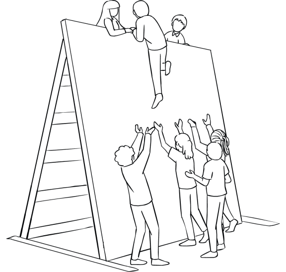 Illustration of group participating in The Wall challenge course element