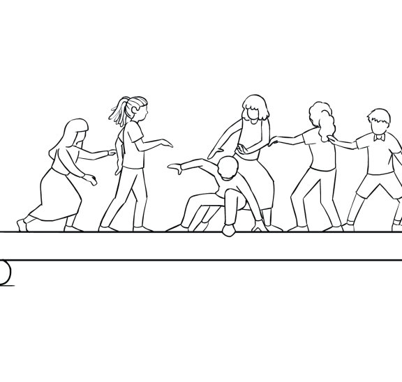 Illustration of group participating in TPO Shuffle team-building challenge course element