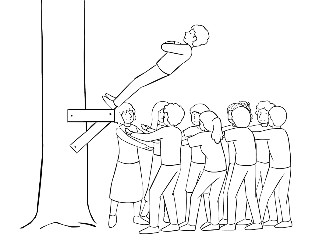 Illustration of group participating in Trust Fall challenge course element