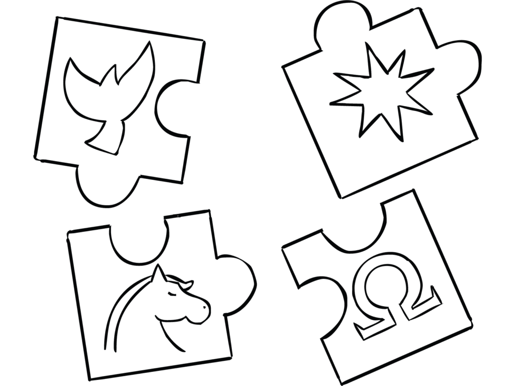 Illustration of four jigsaw pieces of Uniquities Puzzle