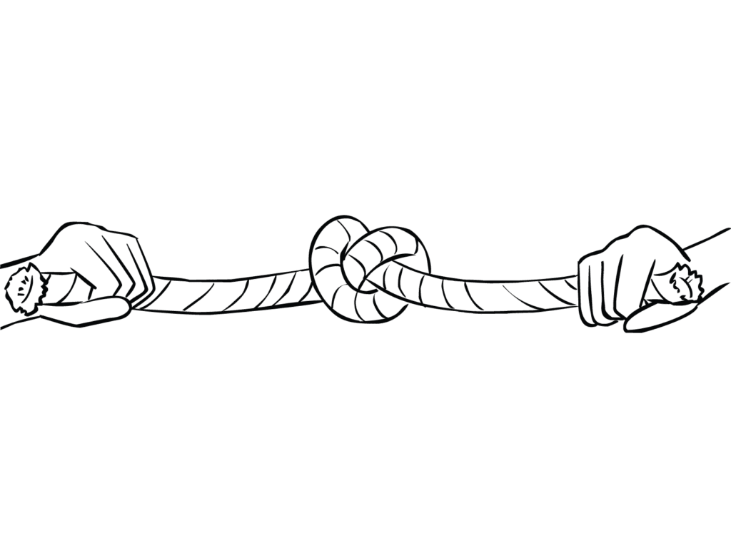 Two people holding a length of rope trying to tie an Overhand Knot
