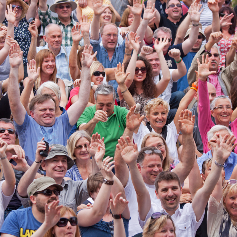 Large group of adults with arms in air