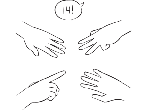 Four hands with outstretched fingers involved in fun small group mathematical exercise called Your Add as also featured in Around The World