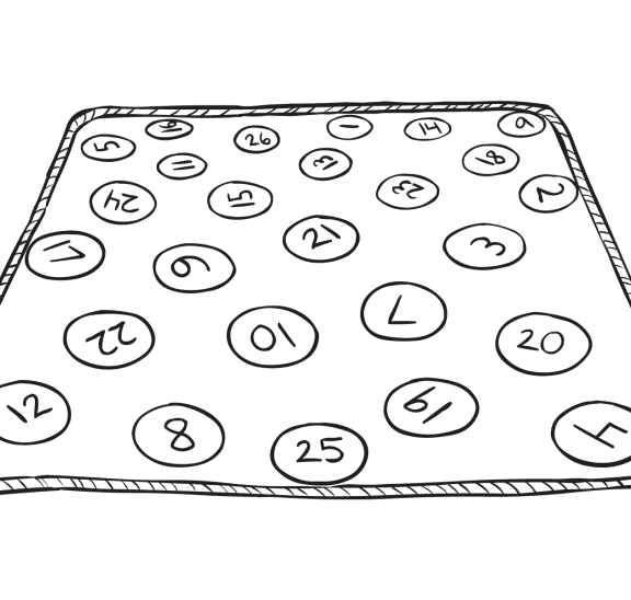 Key Punch set-up with dozens of numbered spots laying on ground.